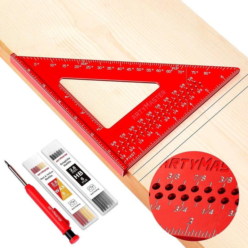 ARTYMASTER 7 inch Carpenter Square, 1/16" Precision Hole Scribing Square Tools, 0-90° Aluminum Alloy Rafter Square, Woodworking Square & Carpenter Pencils 12 Refills AM13E - Image 1